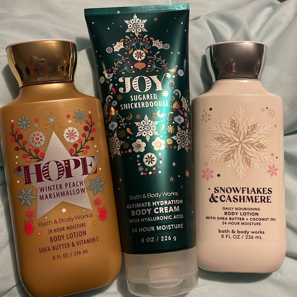 3 NEW Bath and body works body lotions & creams (joy, hope & snowflake scent)